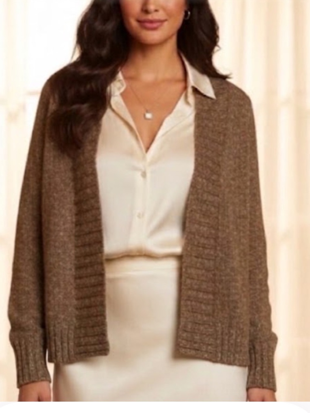 VTG St. John’s Bay open-front cardigan sweater marled knit taupe/brown PS